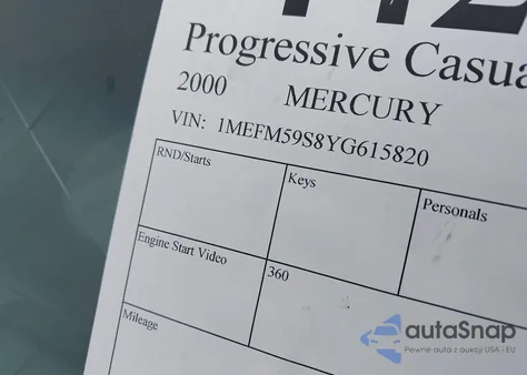 2000 Mercury Sable Ls Premium from USA, damaged, VIN 1MEFM59S8YG615820